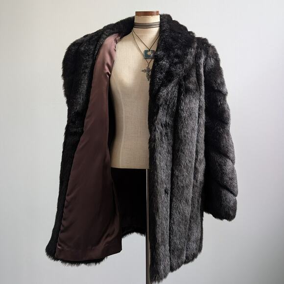 Vintage Black Faux Fur Coat Fur Trim Jacket Mob Wife Minimalist Goth Chic Medium - Picture 4 of 12